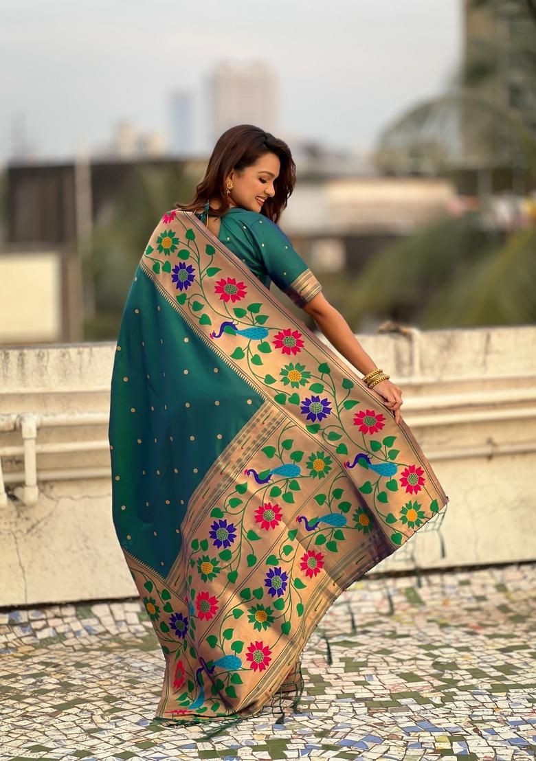 Green Zari Work Silk Saree Set - Indya