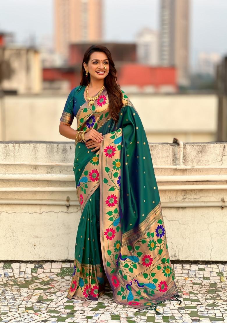 Green Zari Work Silk Saree Set - Indya