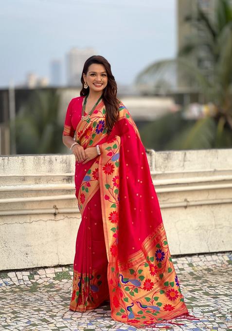 Pink Zari Work Silk Saree Set