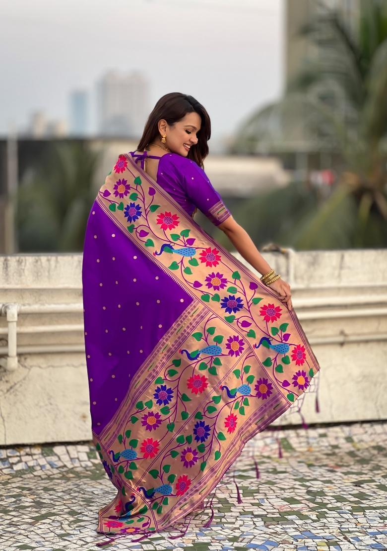 Lavender Zari Work Silk Saree Set - Indya
