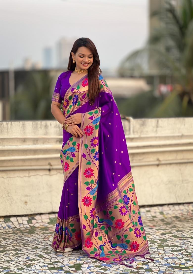 Lavender Zari Work Silk Saree Set - Indya