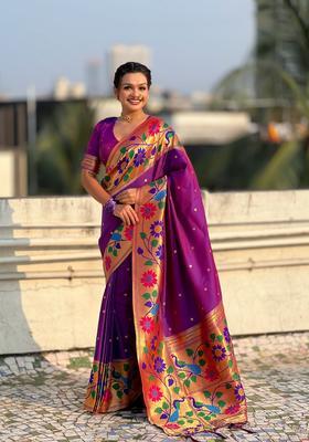 Purple Zari Work Silk Saree Set