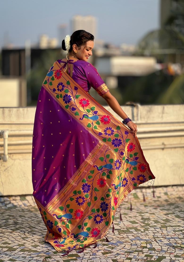Purple Zari Work Silk Saree Set - Indya