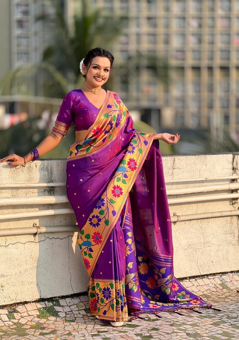Purple Zari Work Silk Saree Set - Indya