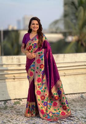 Wine Zari Work Silk Saree Set