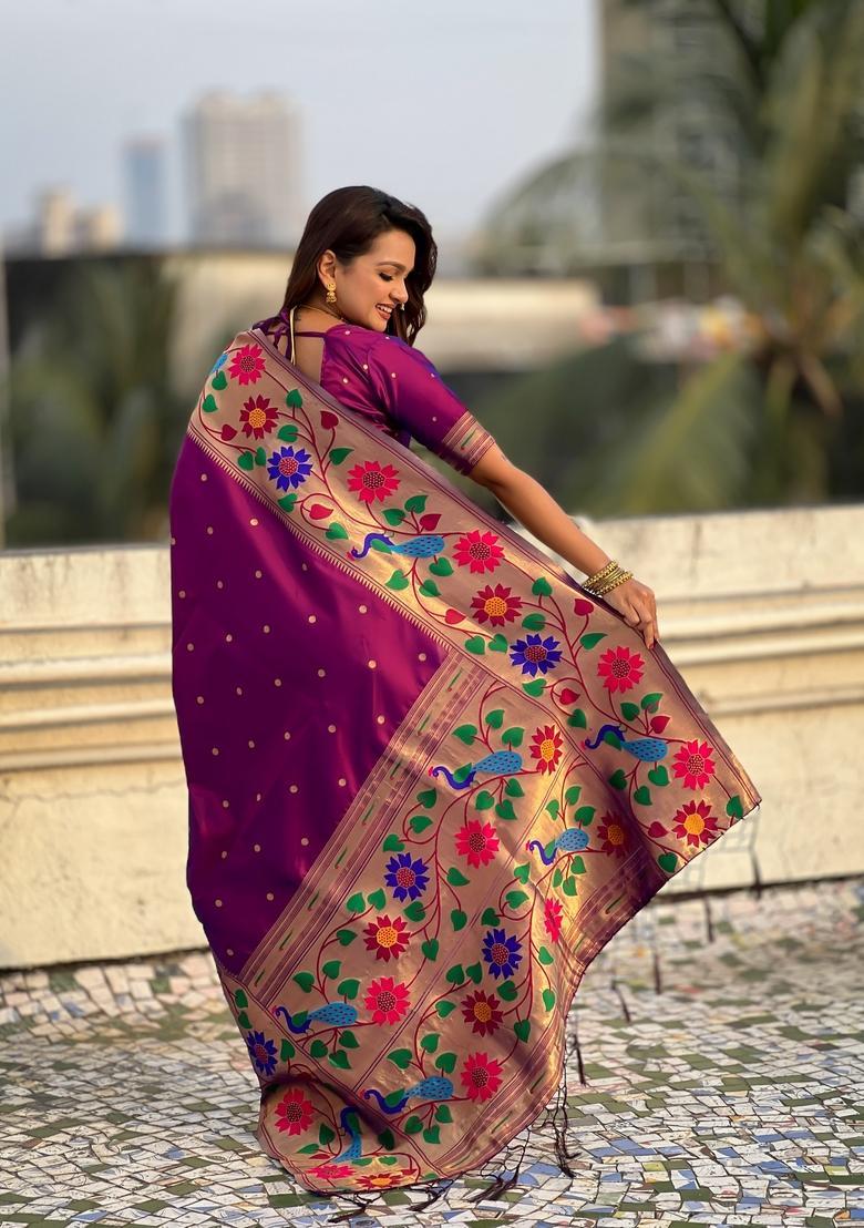 Wine Zari Work Silk Saree Set - Indya