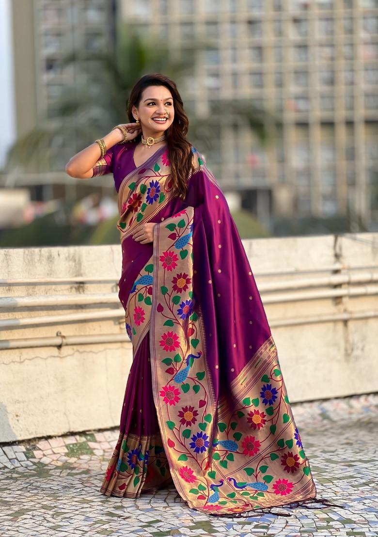 Wine Zari Work Silk Saree Set - Indya
