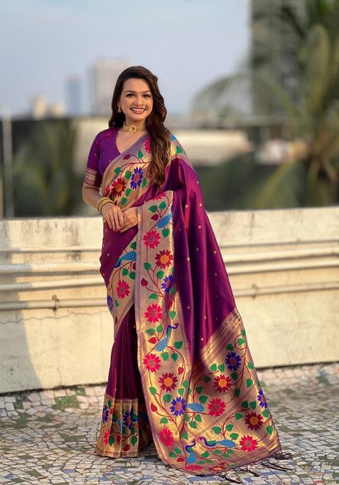 Wine Zari Work Silk Saree Set — view on Indya