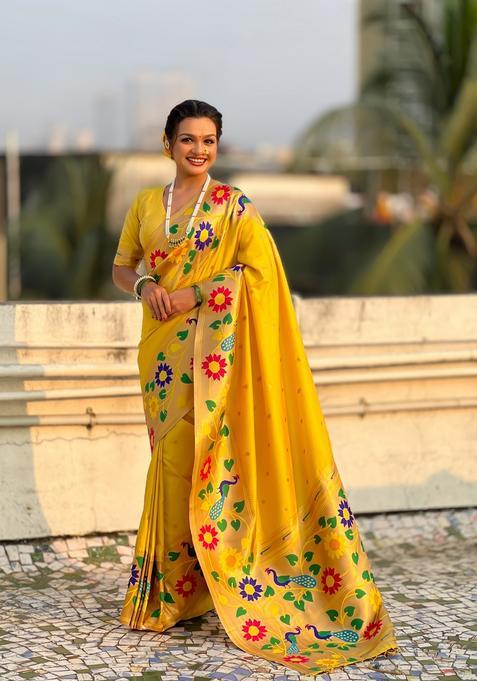 Yellow Zari Work Silk Saree Set