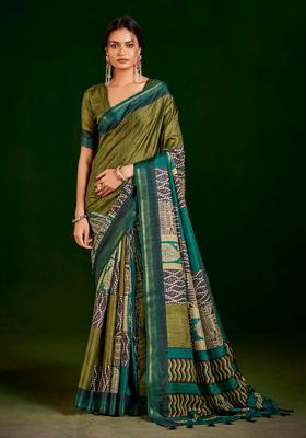 Green Printed Silk Saree Set