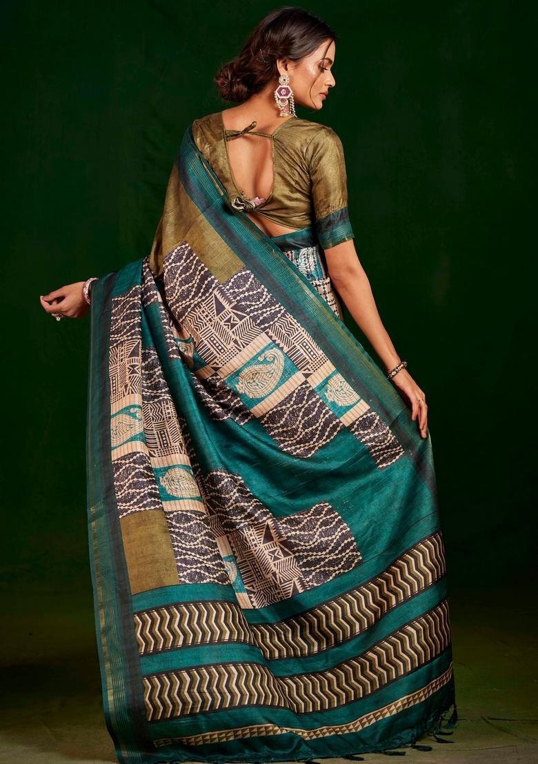 Green Printed Silk Saree Set - Indya