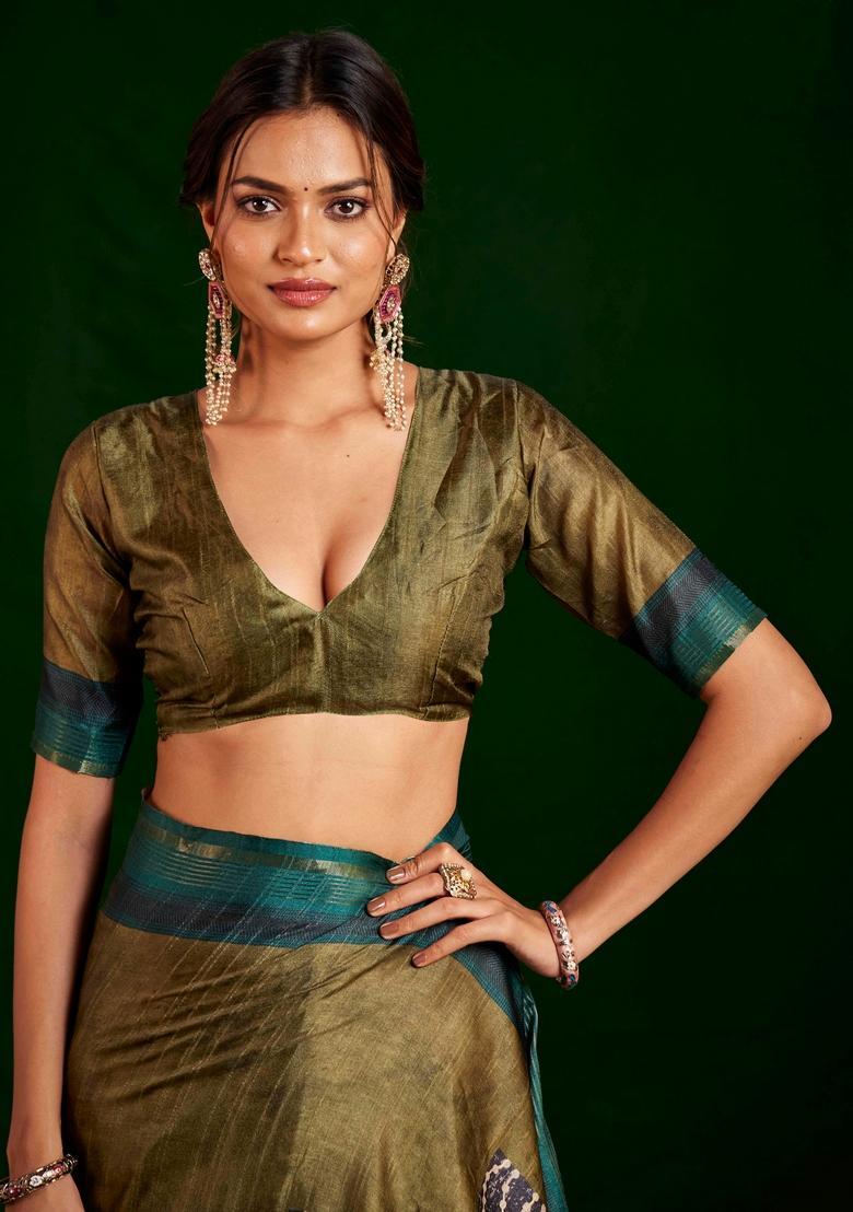 Green Printed Silk Saree Set - Indya