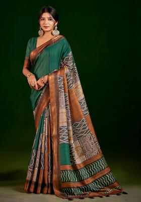 Green Printed Silk Saree Set