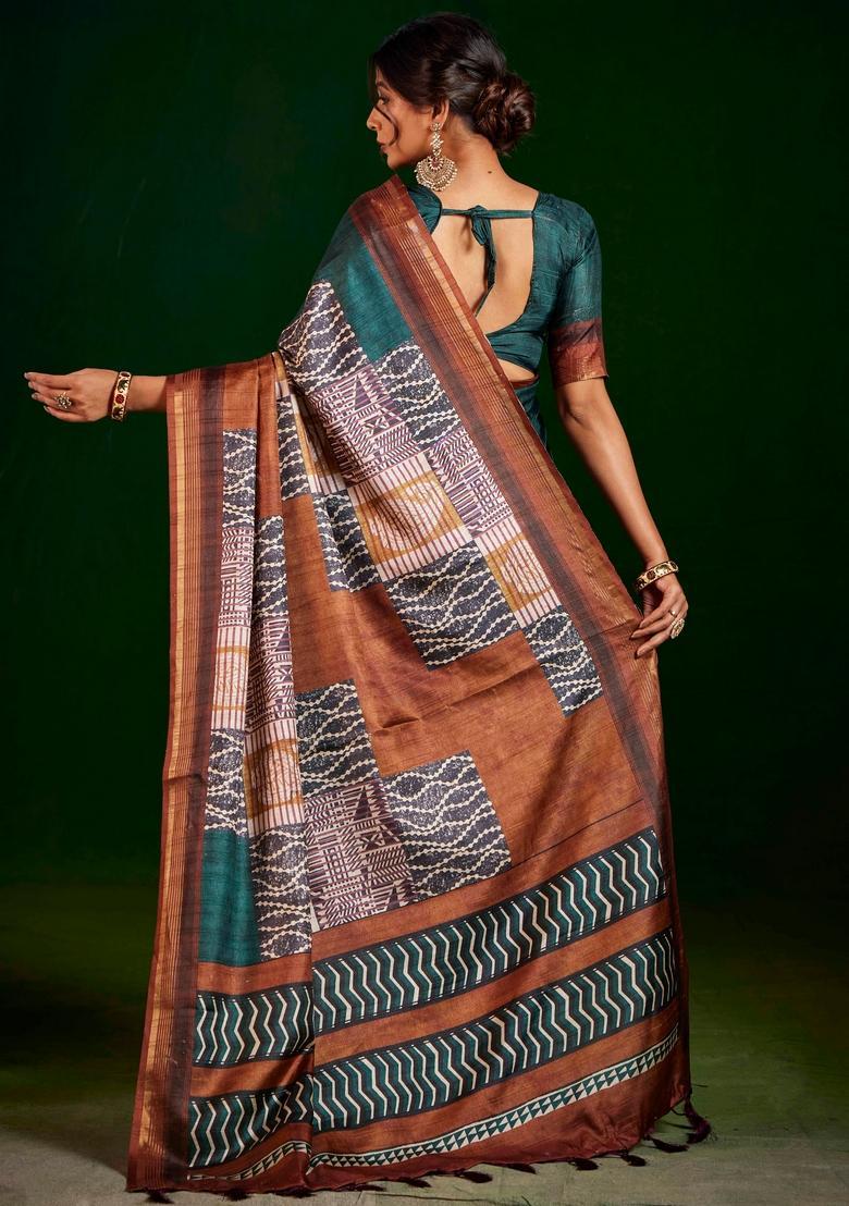 Green Printed Silk Saree Set - Indya