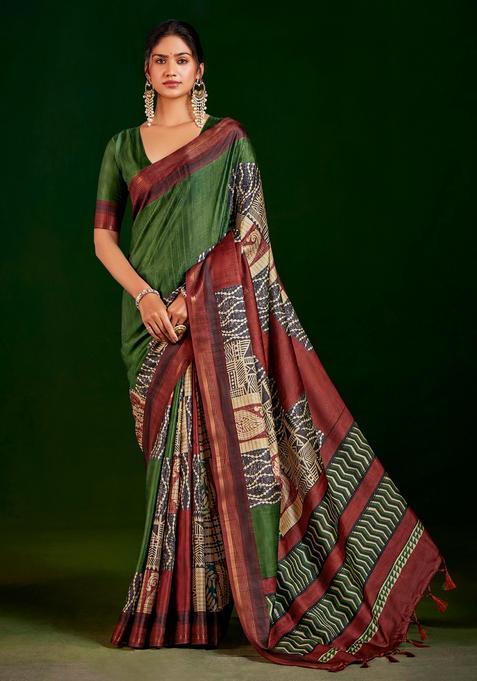 Green Printed Silk Saree Set