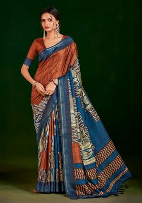 Rust Printed Silk Saree Set