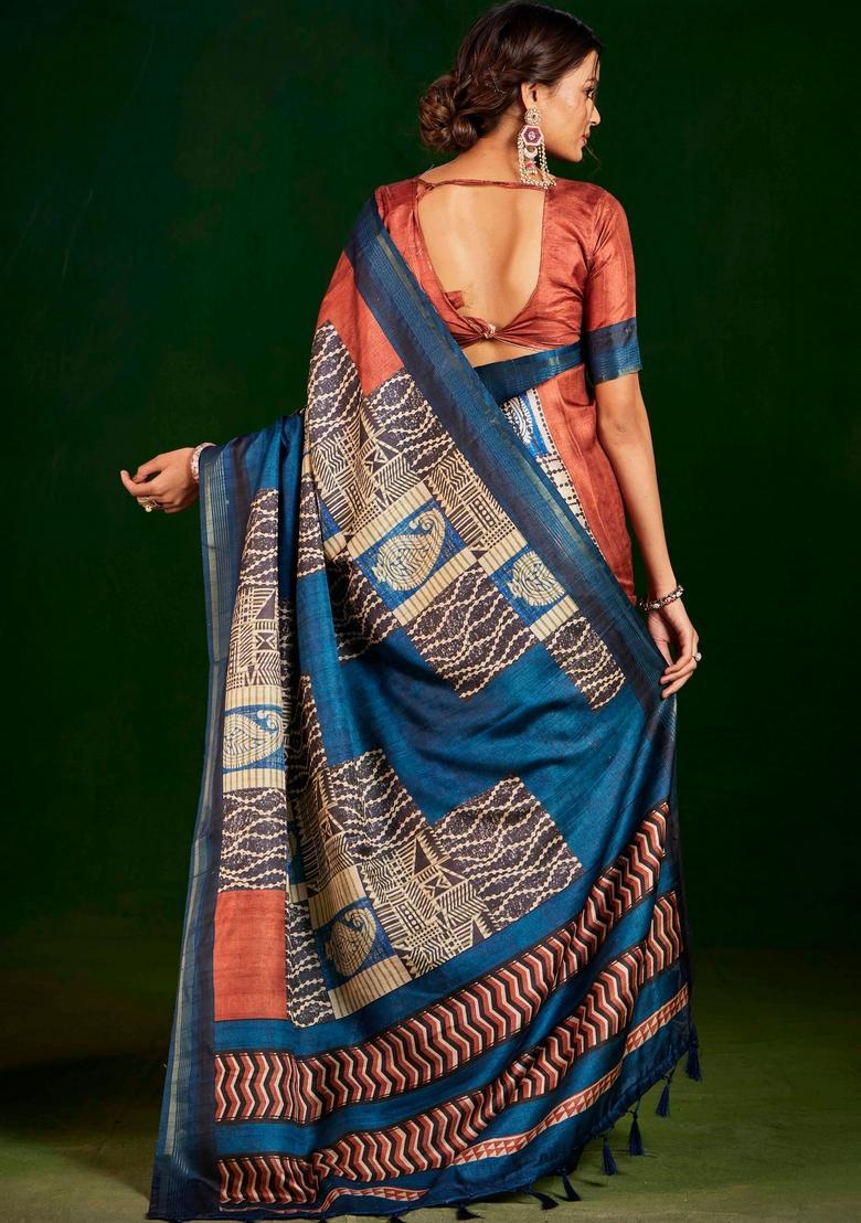 Rust Printed Silk Saree Set - Indya