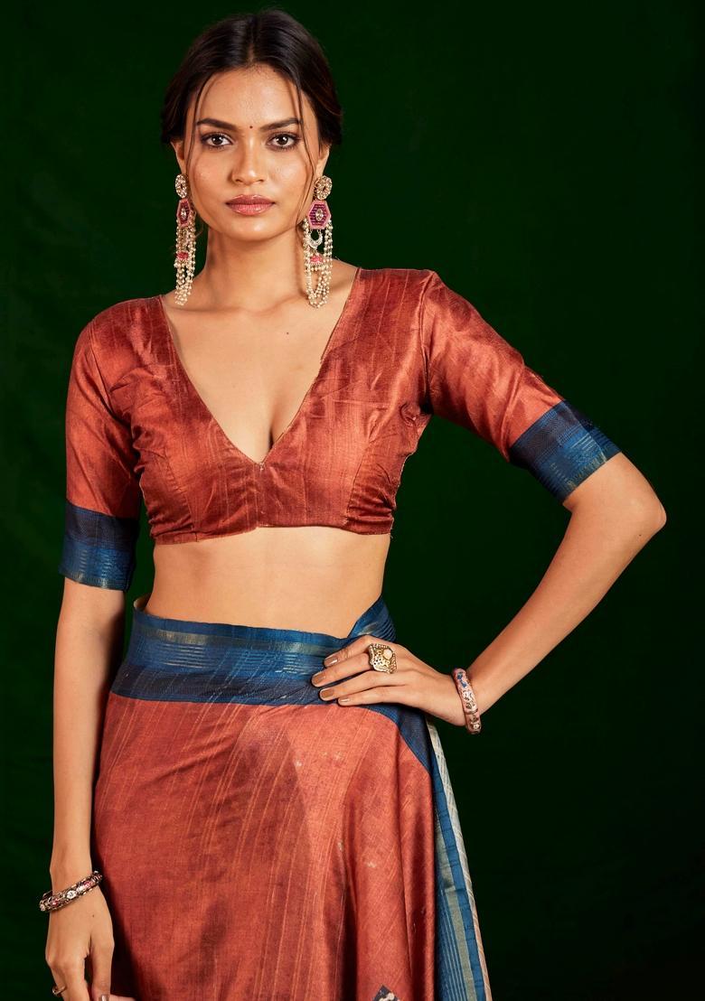 Rust Printed Silk Saree Set - Indya