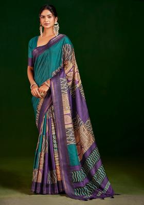Teal Printed Silk Saree Set