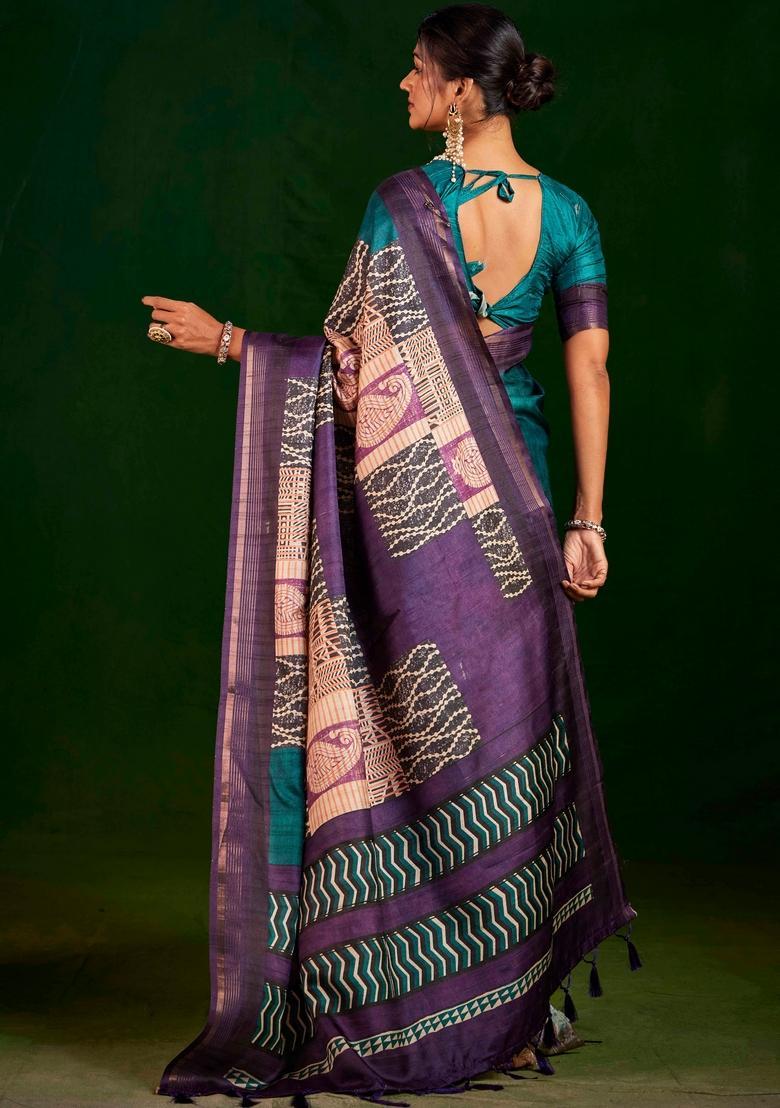 Teal Printed Silk Saree Set - Indya