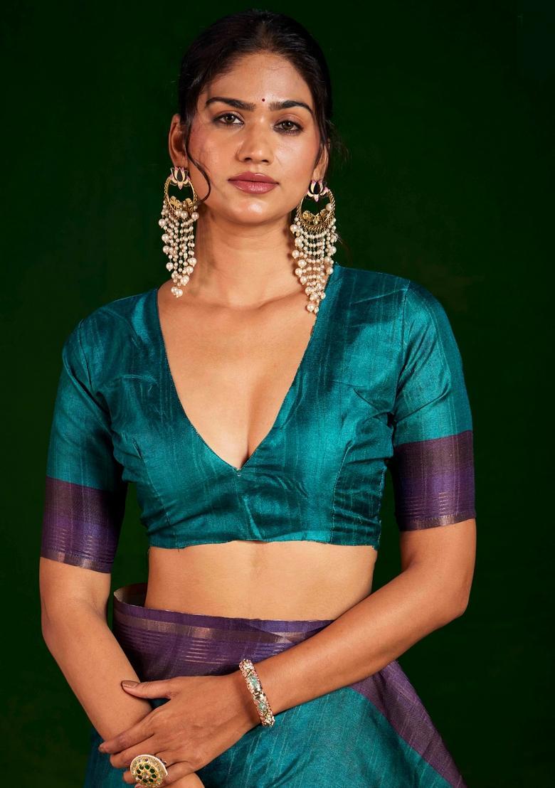 Teal Printed Silk Saree Set - Indya