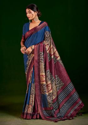 Navy Blue Printed Silk Saree Set