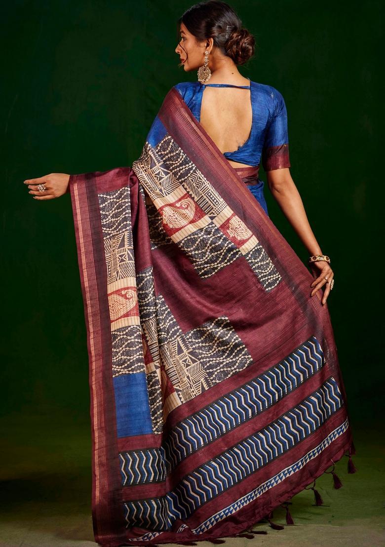 Navy Blue Printed Silk Saree Set - Indya
