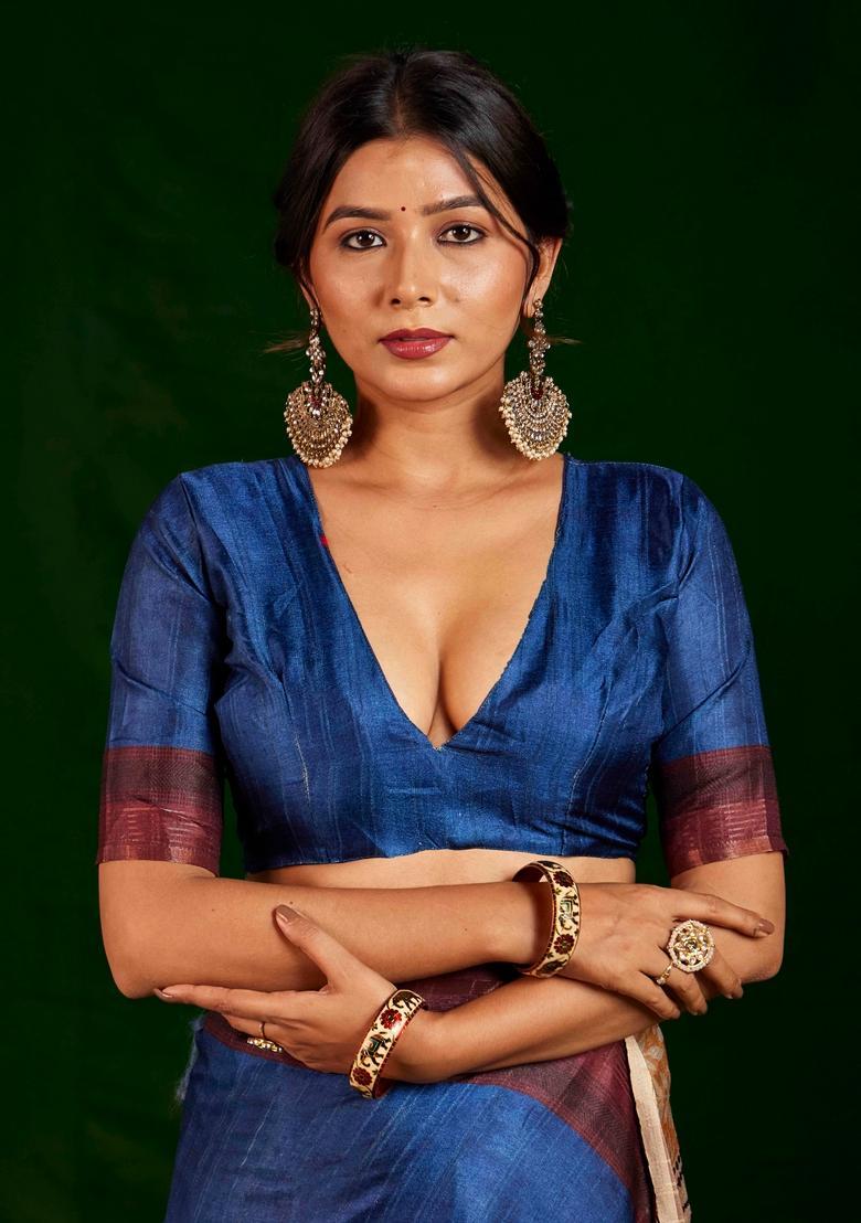 Navy Blue Printed Silk Saree Set - Indya