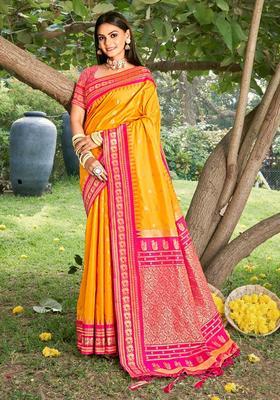 Yellow Zari Work Silk Saree Set