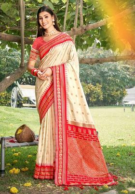 Cream Zari Work Silk Saree Set