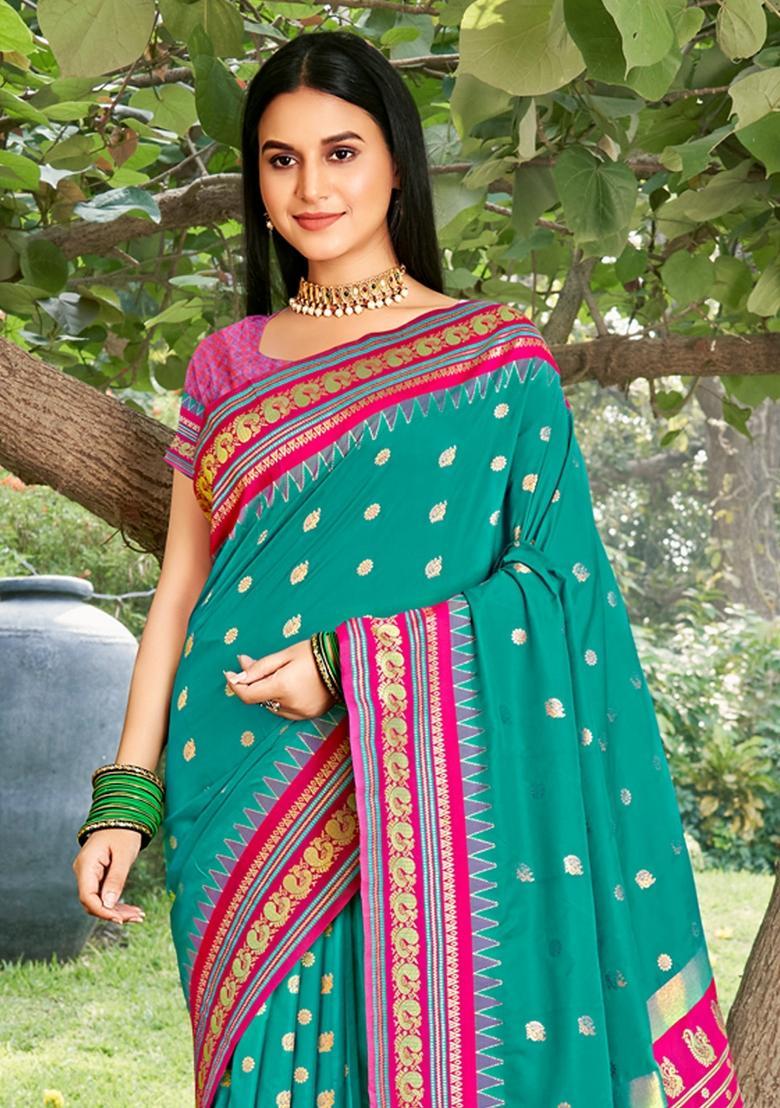 Sea Green Zari Work Silk Saree Set - Indya