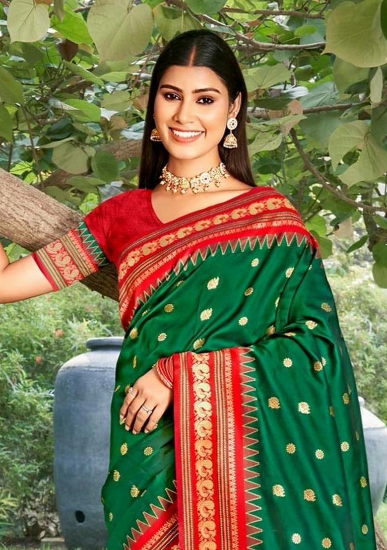 Green Zari Work Silk Saree Set - Indya