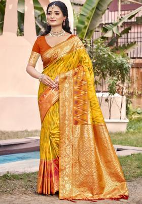 Yellow Zari Work Silk Saree Set