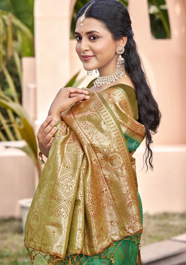Green Zari Work Silk Saree Set - Indya