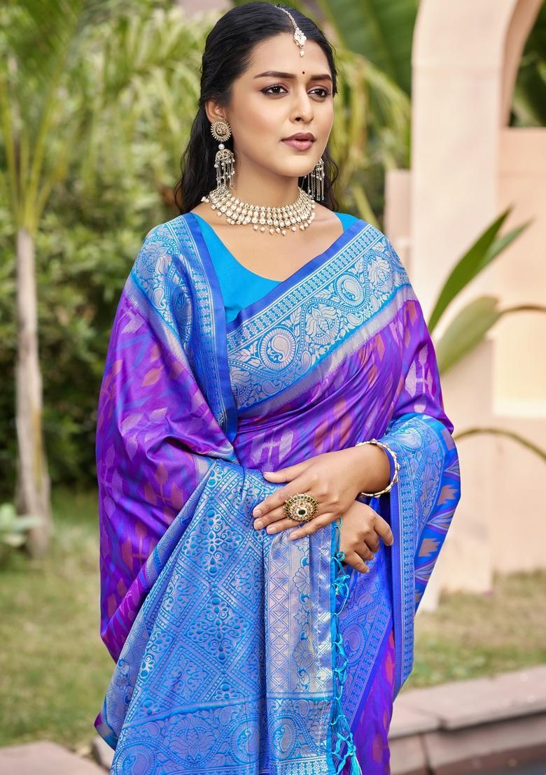 Purple Zari Work Silk Saree Set - Indya