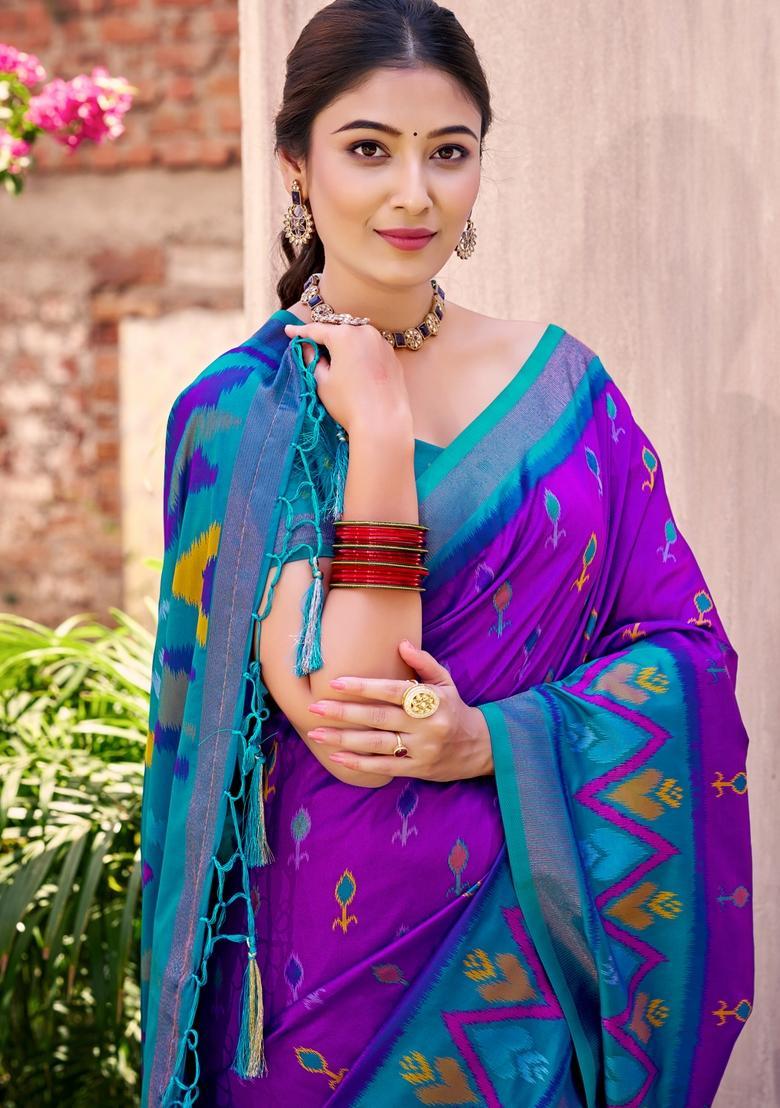 Purple Zari Work Silk Saree Set - Indya