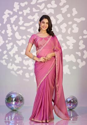 Pink Embroidery Chiffon Saree Set