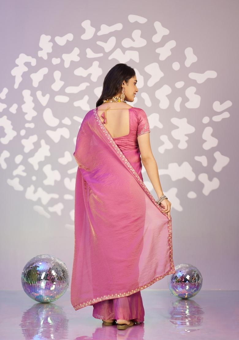 Pink Embroidery Chiffon Saree Set - Indya