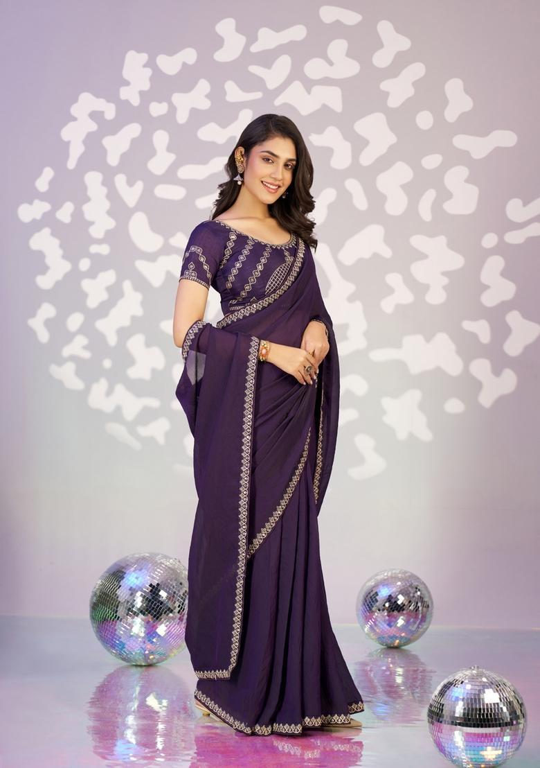 Purple Embroidery Chiffon Saree Set - Indya