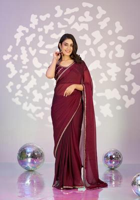 Wine Embroidery Chiffon Saree Set