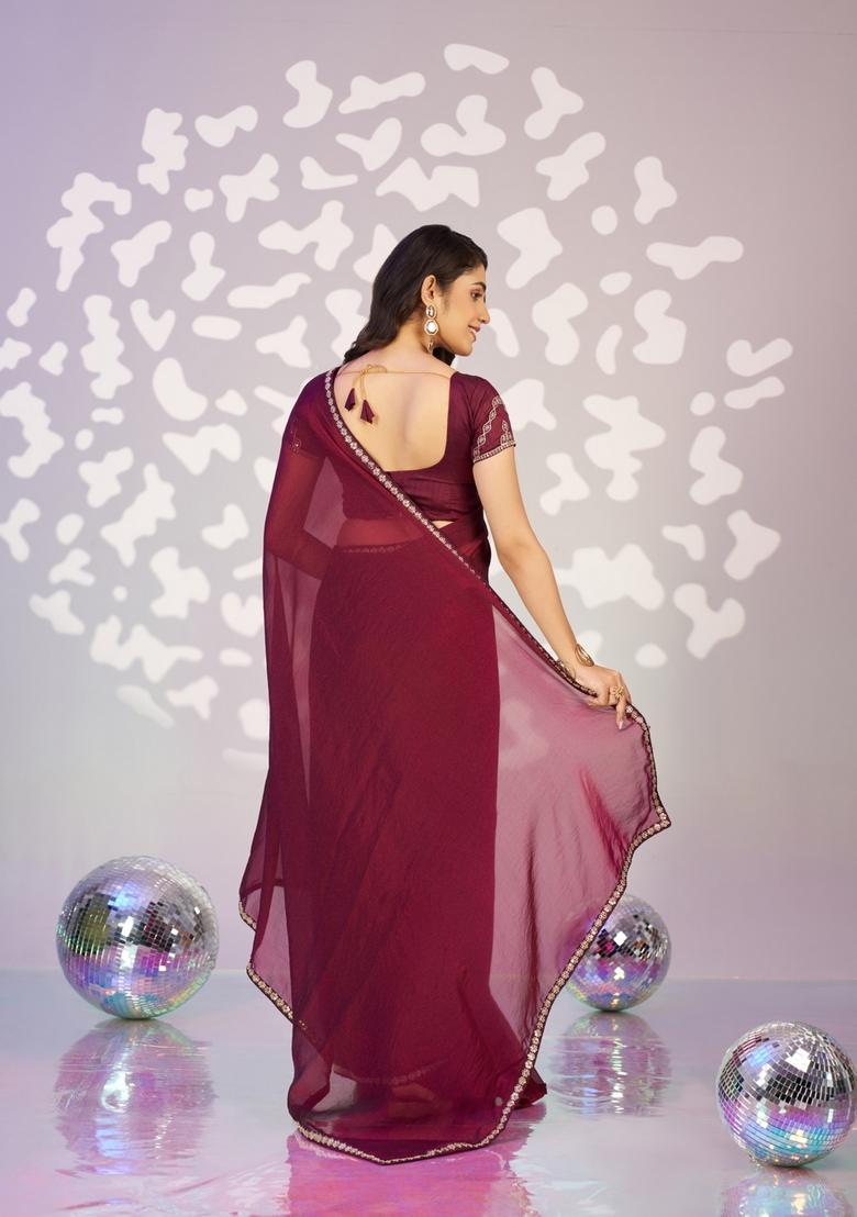 Wine Embroidery Chiffon Saree Set - Indya