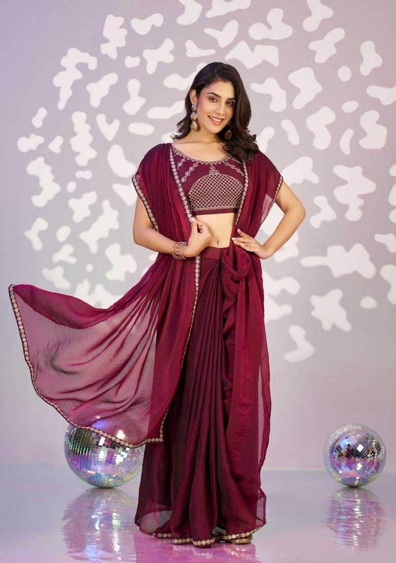 Wine Embroidery Chiffon Saree Set - Indya