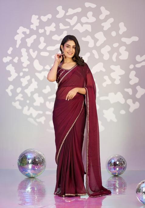 Wine Embroidery Chiffon Saree Set