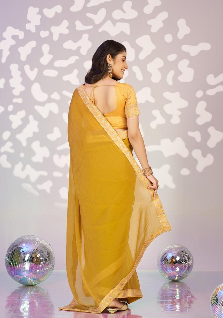 Yellow Embroidery Chiffon Saree Set - Indya