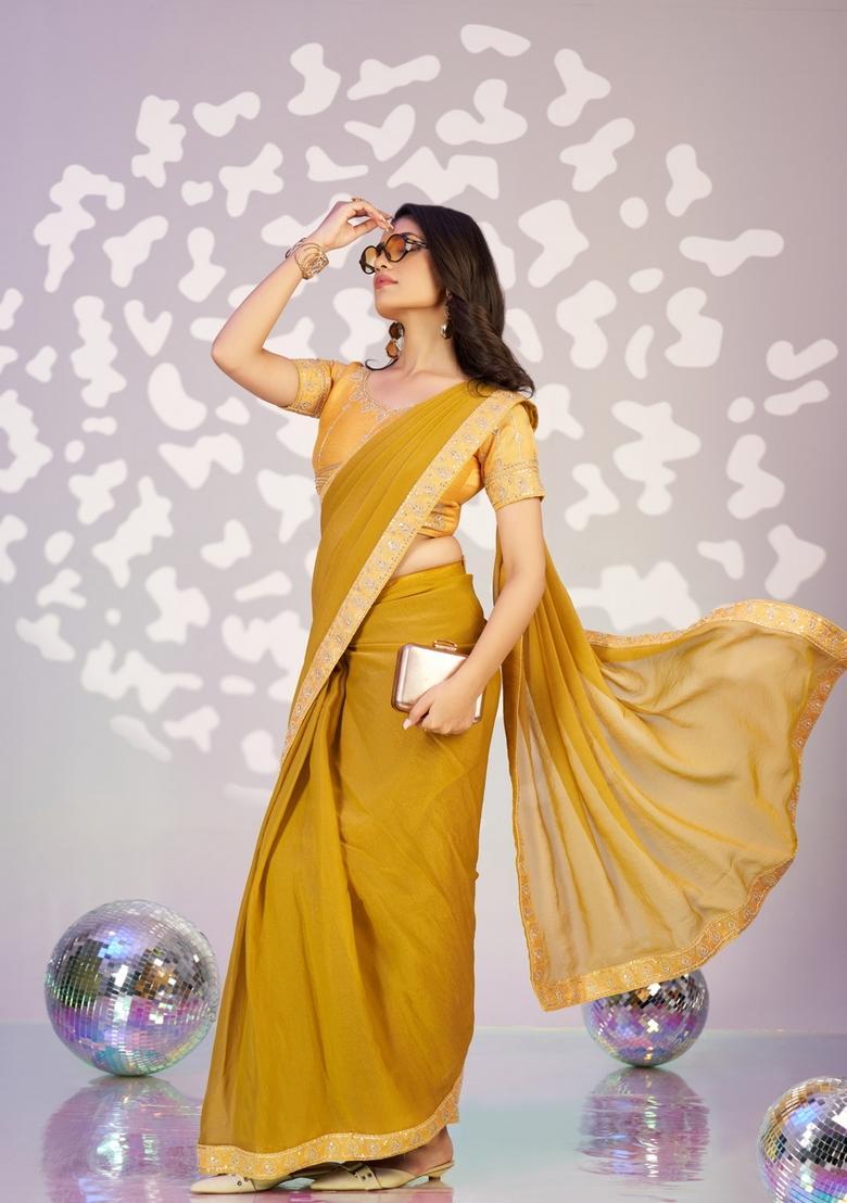 Yellow Embroidery Chiffon Saree Set - Indya