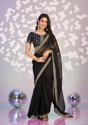Black Embroidery Chiffon Saree Set