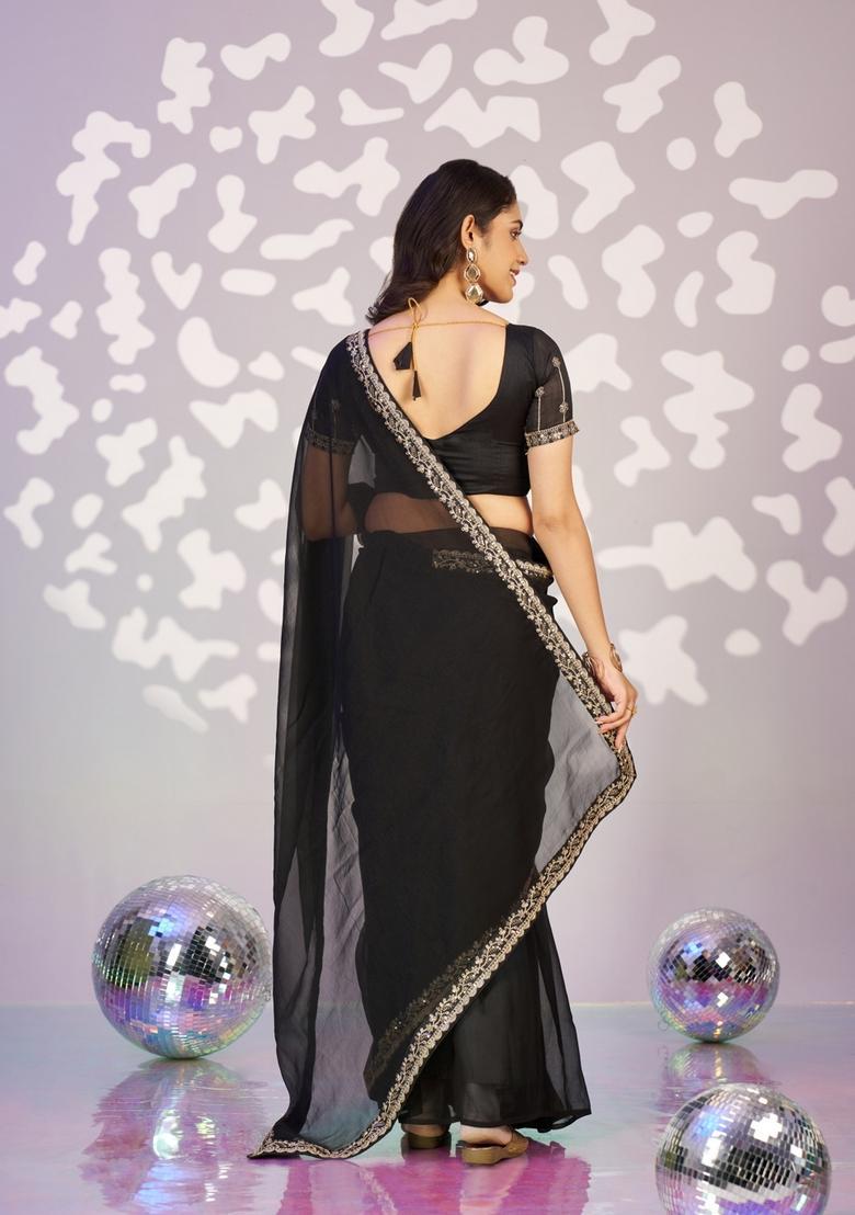 Black Embroidery Chiffon Saree Set - Indya