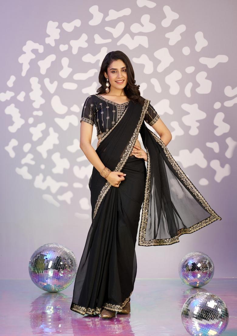 Black Embroidery Chiffon Saree Set - Indya