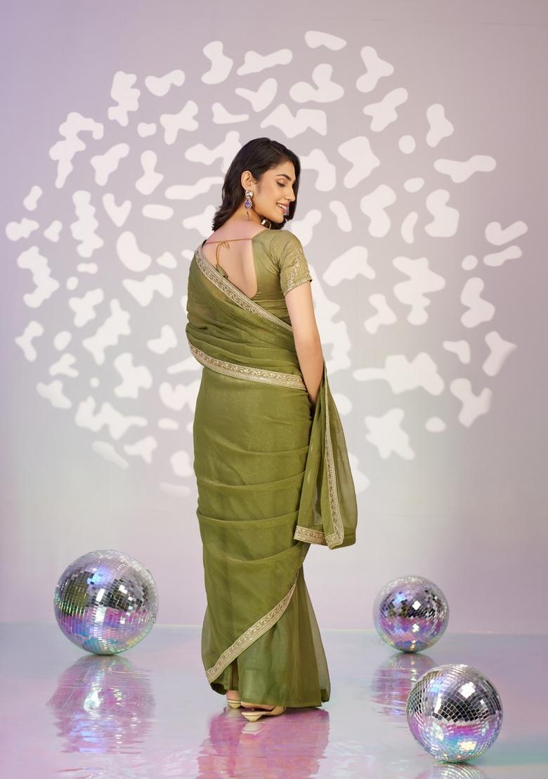 Green Embroidery Chiffon Saree Set - Indya