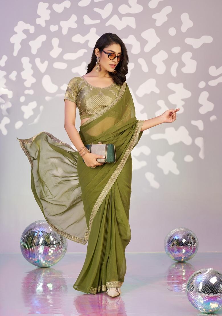 Green Embroidery Chiffon Saree Set - Indya